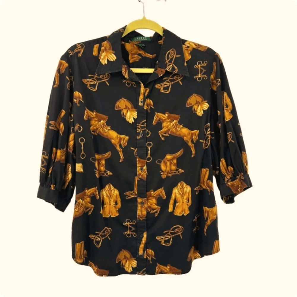 Ralph Lauren Black & Gold Equestrian Button Down Shirt Sz Med